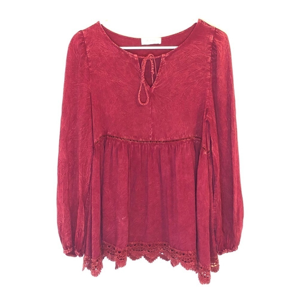 2/$30 Altar’d State - Boho Peplum Blouse Red Pink Crochet Hem Tie Neck | XS